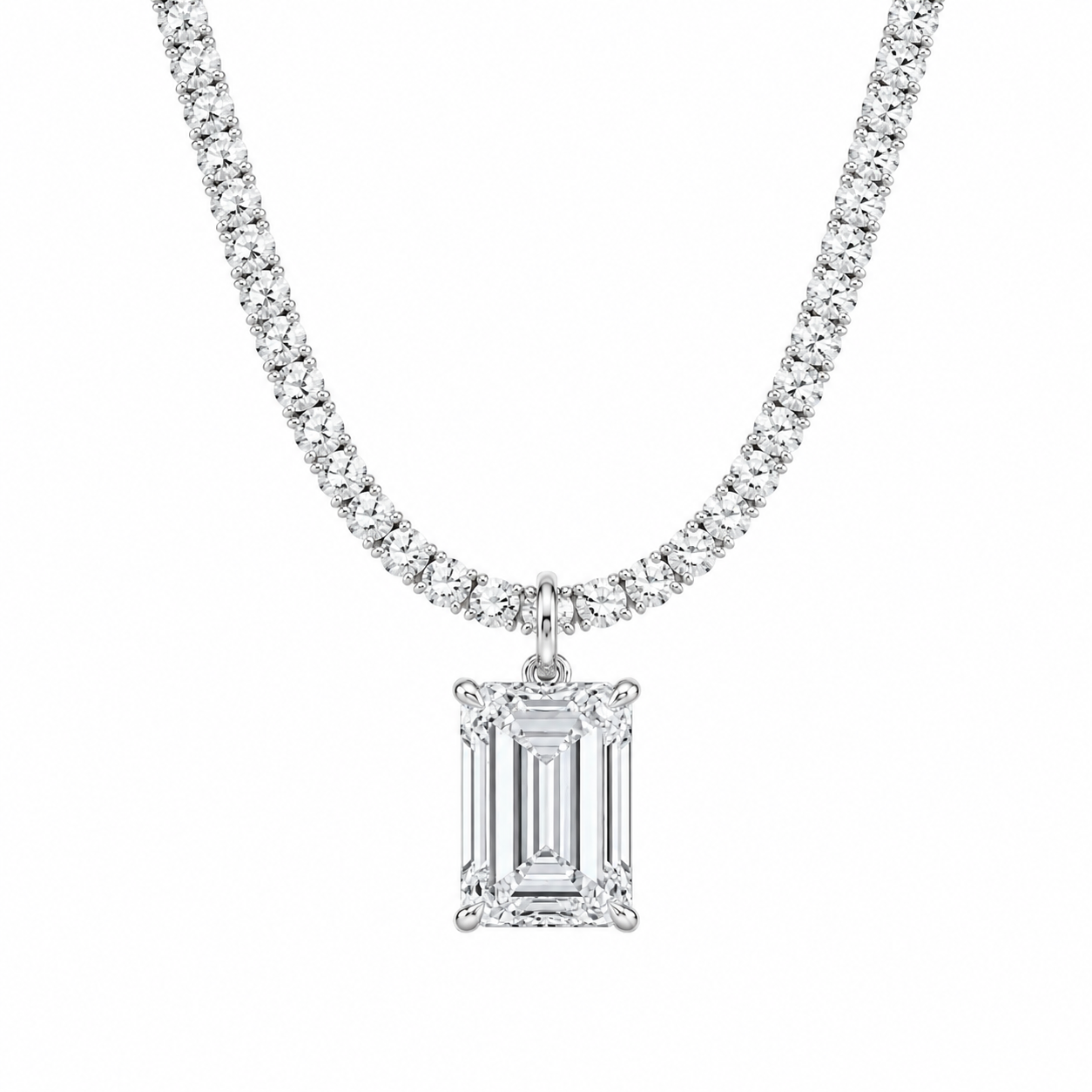 Round Diamond Tennis Necklace with Emerald-Cut Pendant