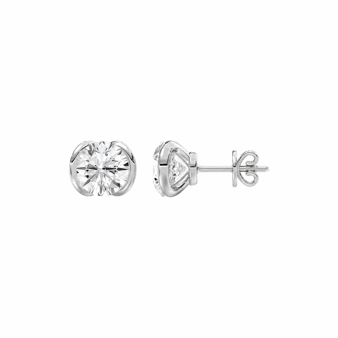 Round Half-Bezel Stud Earrings